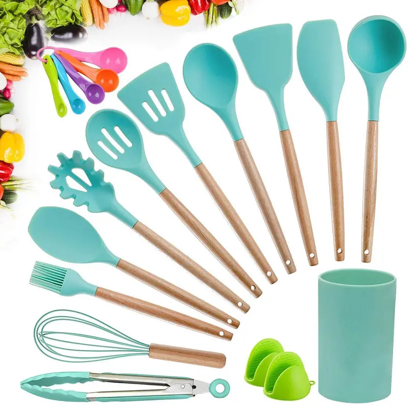 15-Piece Silicone Kitchen Utensil Set – Heat-Resistant Cooking Tools With Wooden Handles & Teal Organizer Stand 1