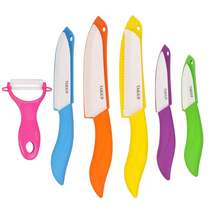 6-Piece Ceramic Knife Set – Chef, Paring & Bread Knives With Protective Sheaths And Vegetable Peeler 1