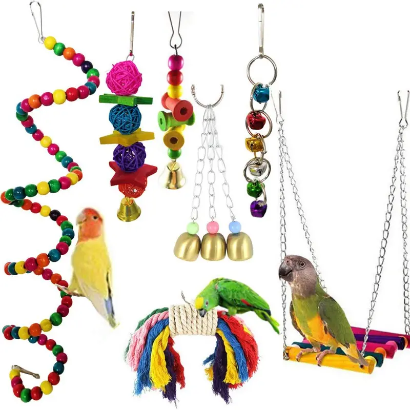 7-Piece Colorful Bird Swing Set – Bell-Adorned Hanging Toys With Hammock & Chewing Elements For Macaws, Conures, Budgies & More 1