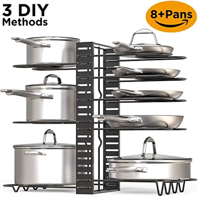 Adjustable Pot Rack Organizer – Diy-Mountable Black Metal Cabinet Shelf With 8+ Hook Capacity For Pots & Lids 1