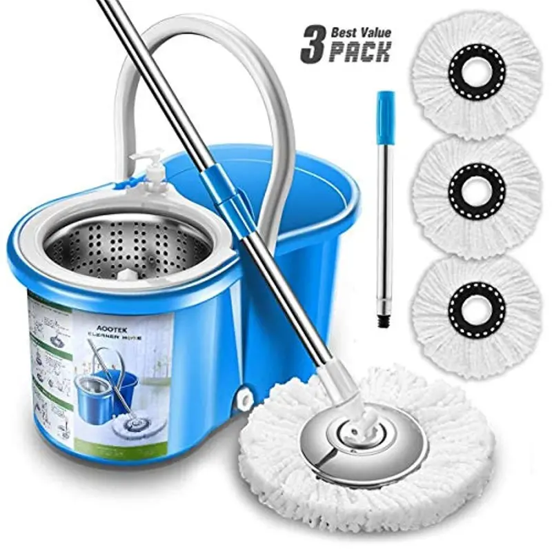 Aootek 360° Spin Mop System – Stainless Steel Bucket + Easypress Handle & 3 Microfiber Pads For Effortless Floor Cleaning 1