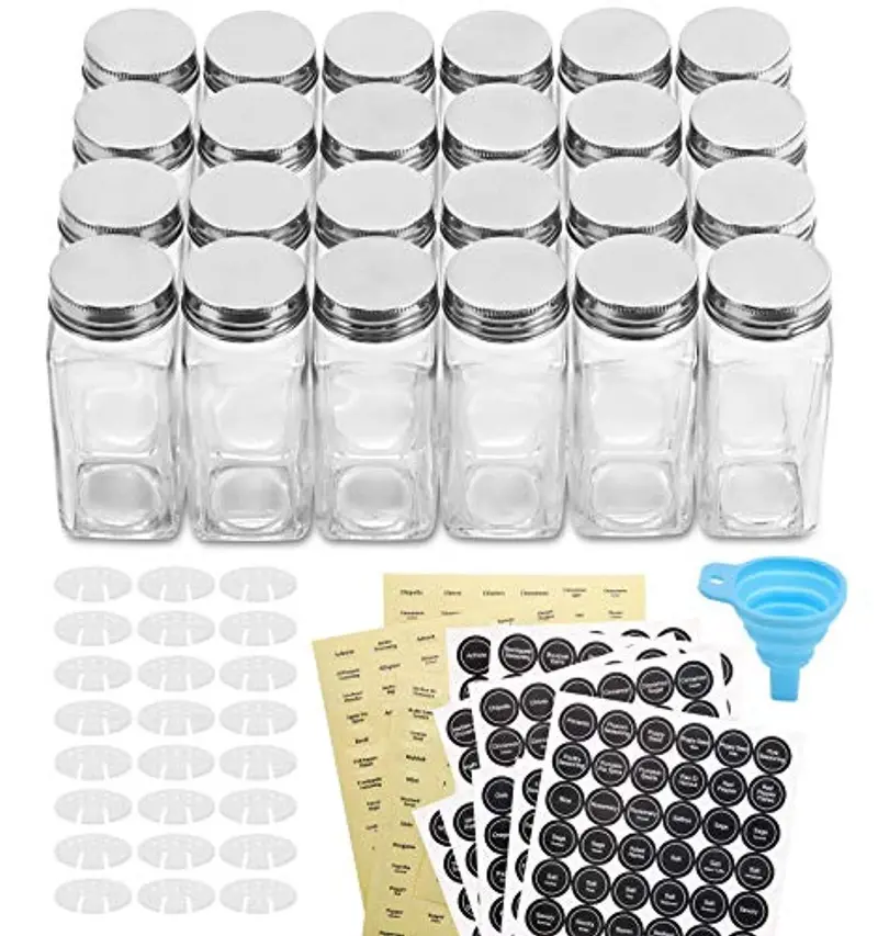 Aozita 24-Piece Glass Spice Storage Set – 4 Oz Jars With Shaker Lids, Metal Caps, Labels & Collapsible Funnel 1