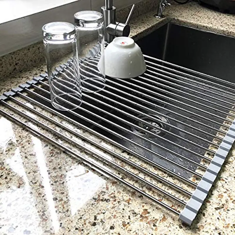 Attom Tech Roll-Up Dish Drying Rack – 17.7" X 15.5" Stainless Steel Over-Sink Drainer For Kitchen & Produce 1