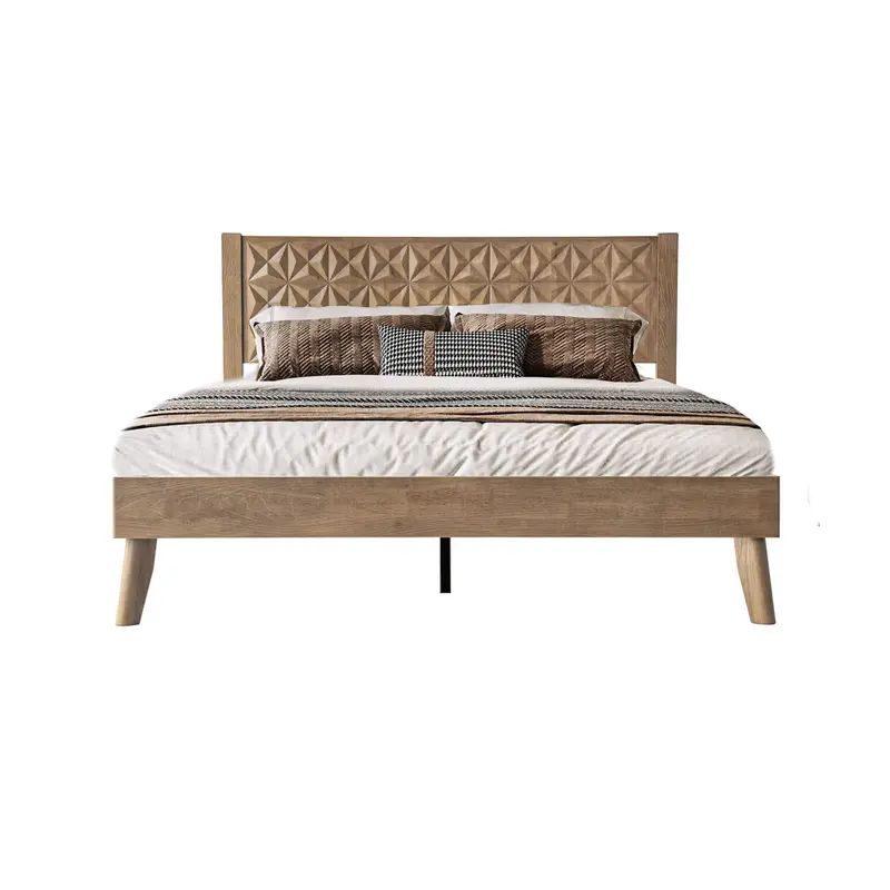 Barnwood Queen Platform Bed Frame With Solid Wood Headboard & Footboard, Reinforced Slats, And Central Metal Legs 1