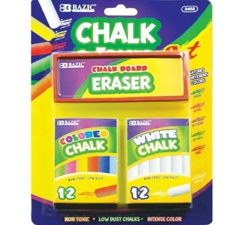 Bazic Chalk Set – 2-Pack: 12-Color + 12-White Classroom Chalk With Erasers (Assorted) 1