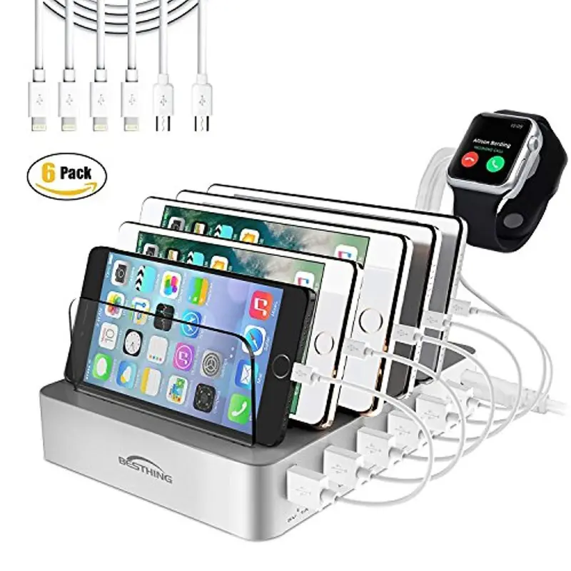 Besthing 6-Port Desktop Usb Charging Station – Adjustable Silver Phone Dock With Removable Dividers For Iphone, Samsung, Tablet & Kindle 1