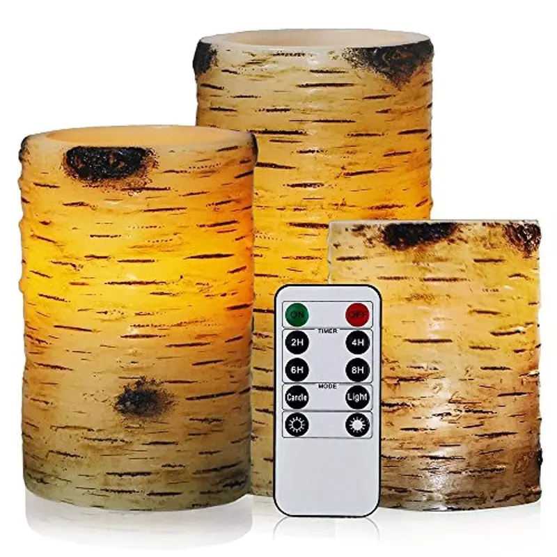 Birch Bark–Style Flameless Led Pillar Candles – Set Of 3 (4", 5", 6") With 10-Function Remote & Auto Timer 1