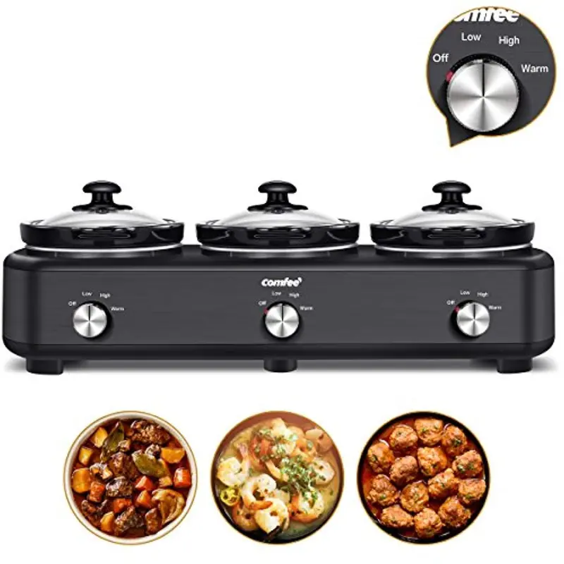 Comfee Triple Crock Pot Slow Cooker – Buffet-Style Server With Three 1.5-Quart Ceramic Inserts, Independent Temp Controls & Dishwasher-Safe Design 1