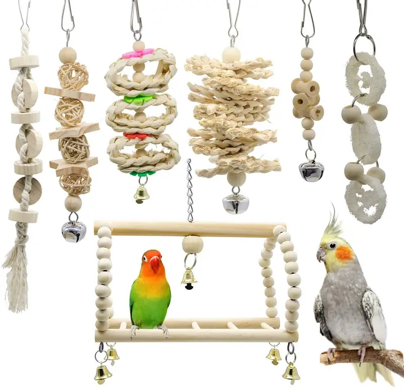 Deloky 7-Pack Natural Wood Bird Toys – Hanging Bells, Swings & Chewables For Small To Large Birds 1