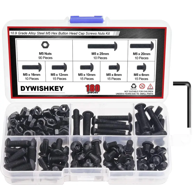 Dywishkey 180-Piece High-Strength Alloy Steel Bolt Kit – M5 Metric Hex Button Head Cap Screws (Grade 10.9) With Wrench 1