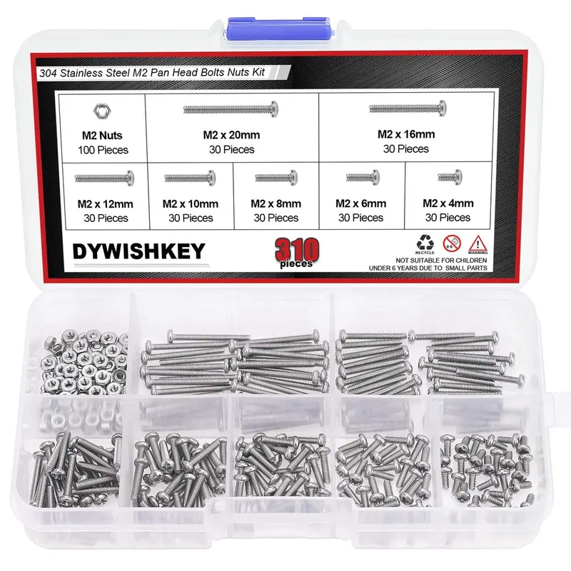 Dywishkey 310-Piece Stainless Steel 304 Screw & Nut Kit – M2 Phillips Pan Head Bolts (4Mm–20Mm) 1