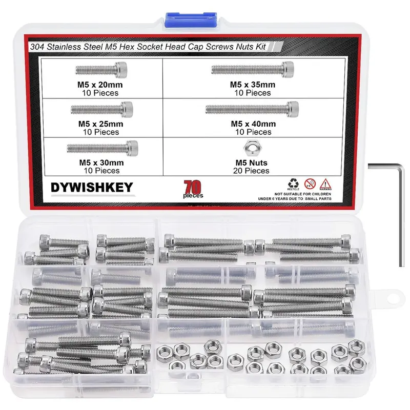 Dywishkey 70-Piece M5 Stainless Steel 304 Hex Socket Cap Bolt Kit – Multiple Lengths (20–40Mm) 1