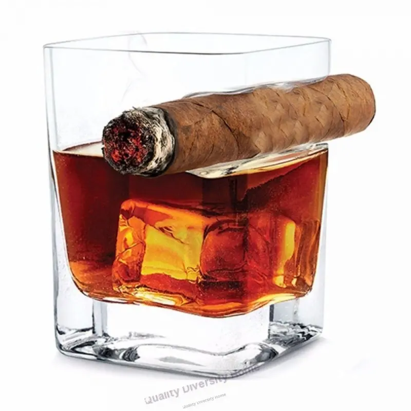 E2F Cigar Glass Holder Set – Square Whiskey/Spirit Mug With Integrated Cigarette Rest – Luxury Gift For Smoke Enthusiasts 1
