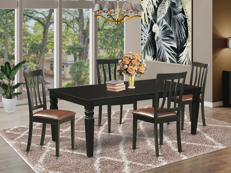 East West Furniture 5-Piece Black Dining Set – Butterfly Leaf Table + 4 Faux Leather Chairs (42" X 84") 1