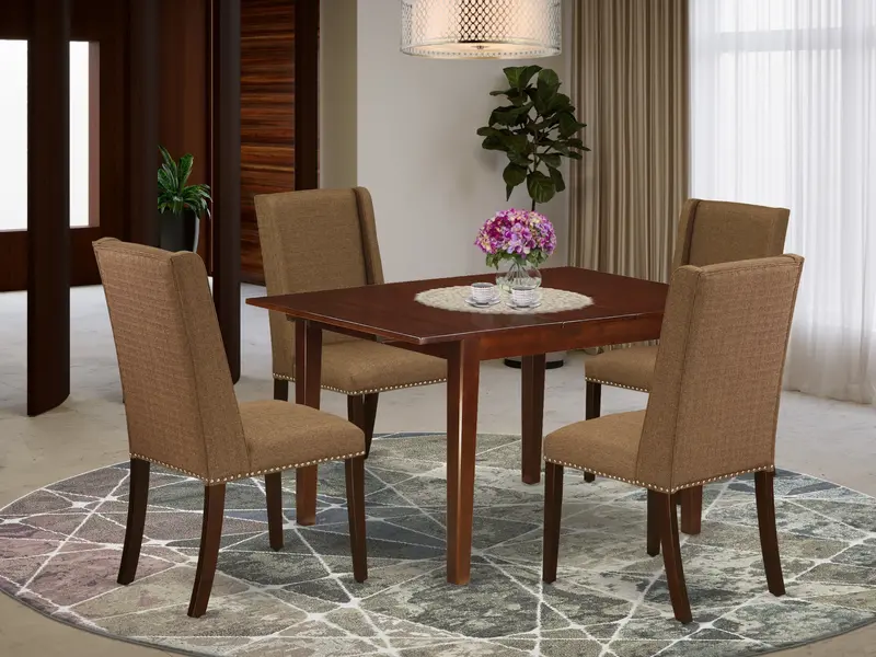 East West Furniture 5-Piece Dining Room Set: Mahogany Table With Leaf And Brown Linen Parsons Chairs 1