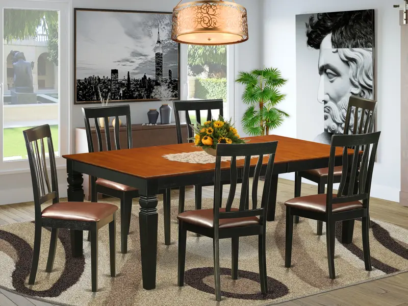 East West Furniture 7-Piece Black & Cherry Kitchen Set – Wooden Table With Butterfly Leaf + 6 Faux Leather Chairs (42" X 84") 1