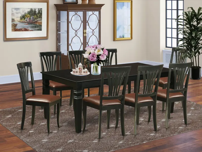 East West Furniture 9-Piece Black Dining Set: Expandable Dining Table With Butterfly Leaf & 8 Faux Leather Upholstered Chairs (42" X 84") 1