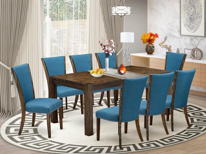East West Furniture 9-Piece Rustic Dining Ensemble – Jacobean-Style Table (40" X 72") And Eight Blue Linen Upholstered Parsons Chairs 1