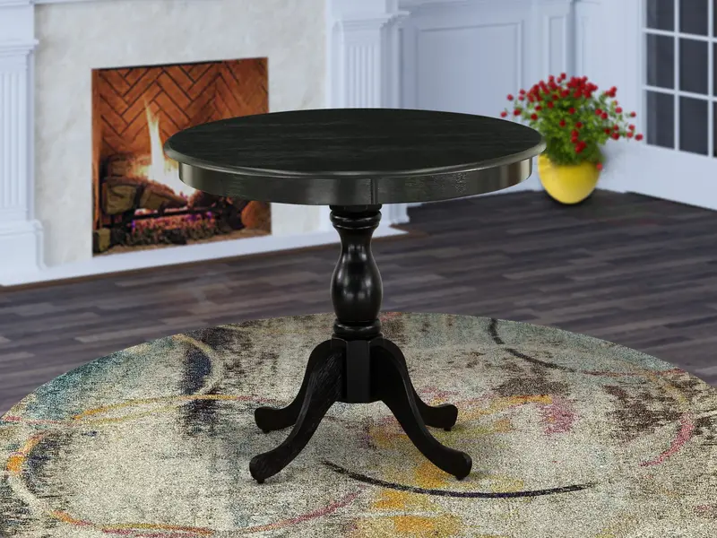 East West Furniture Amt-Abk-Tp Sleek Black Round Dining Table — Solid Wood Top & Pedestal Base 1