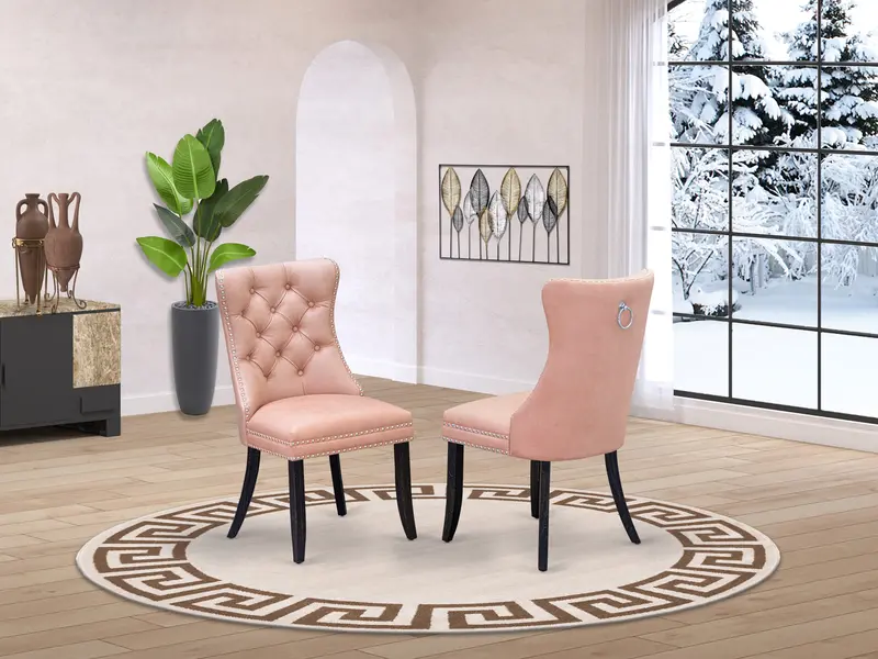 East West Furniture Dallas Parson Dining Chairs – Beige-Red Faux Leather, Luxe Tufted Upholstery And Nailhead Detailing, Sand-Blasted Black Finish, Set Of 2 1
