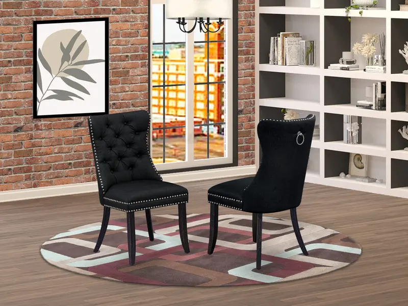 East West Furniture Dallas Parson Dining Chairs – Black Linen Fabric, Button-Tufted Comfort With Decorative Nailhead Detailing, Sand-Blasted Black Finish, Set Of 2 1