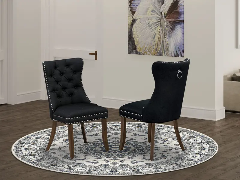 East West Furniture Dallas Parson Dining Chairs – Black Linen Fabric, Button-Tufted Cushioning And Metallic Nailhead Detailing, Antique Walnut Finish, Set Of 2 1
