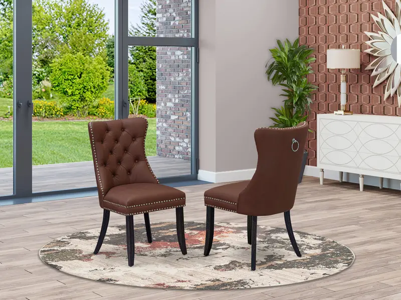 East West Furniture Dallas Parson Dining Chairs – Burgundy Faux Leather, Soft-Padded Tufted Design With Metallic Nailhead Borders, Sand-Blasted Black Legs, Set Of 2 1