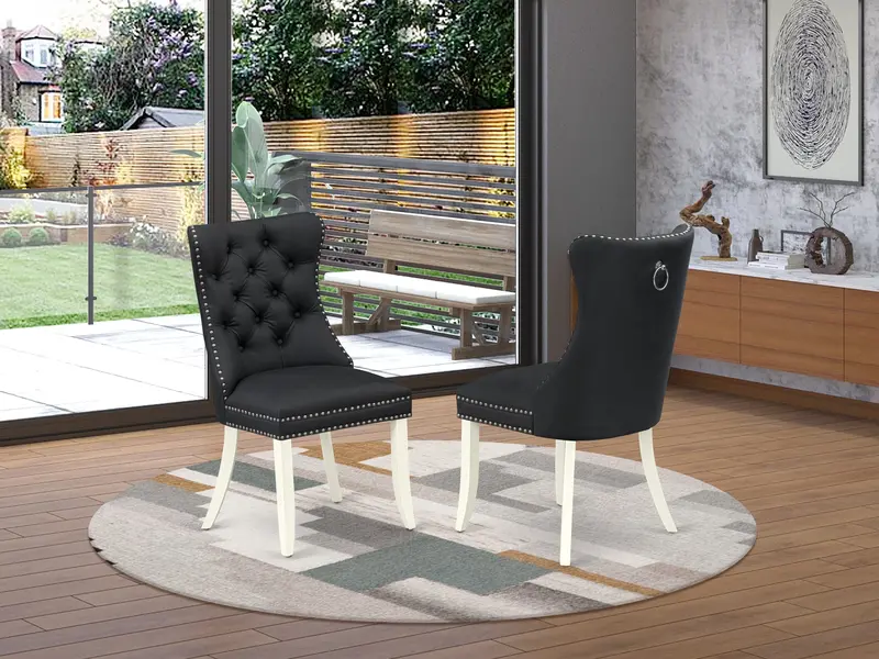 East West Furniture Dallas Parson Dining Chairs – Dark Gray Faux Leather, Classic Button-Tufted Profile With Nailhead Edging, Wirebrushed Bright Linen White Base, Set Of 2 1