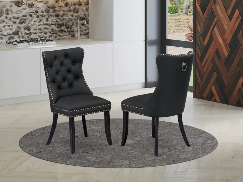 East West Furniture Dallas Parson Dining Chairs – Dark Gray Faux Leather, Textured Button-Tufted Upholstery With Nailhead Edge, Sand-Blasted Black Finish, Set Of 2 1
