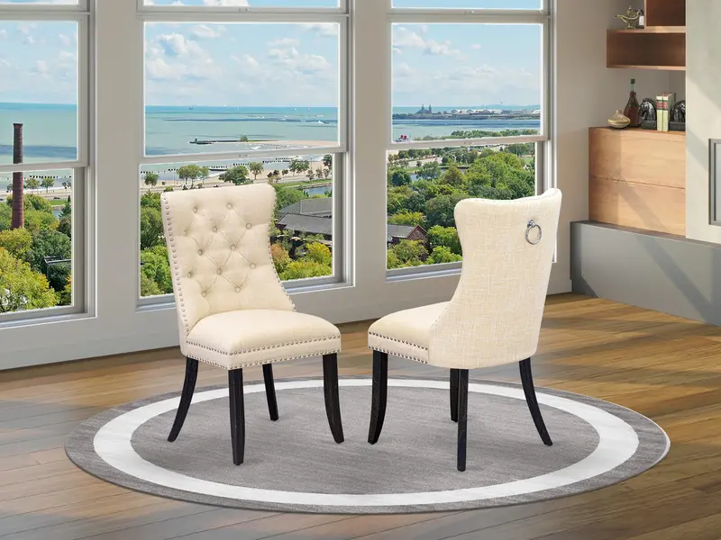 East West Furniture Dallas Parson Dining Chairs – Light Beige Linen Fabric, Tufted Cushioning And Nailhead Trim, Sand-Blasted Black Frame, Set Of 2 1