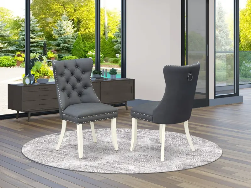 East West Furniture Dallas Parson Dining Chairs – Platinum Gray Faux Leather, Elegant Tufting And Nailhead Border, Wirebrushed Bright Linen White Finish, Set Of 2 1
