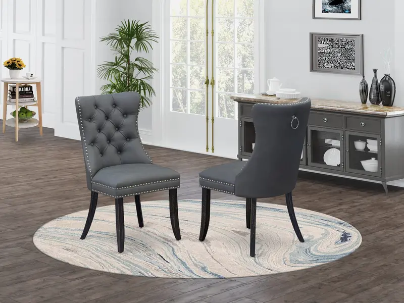 East West Furniture Dallas Parson Dining Chairs – Platinum Gray Faux Leather, Sophisticated Tufting And Nailhead Trim, Sand-Blasted Black Base, Set Of 2 1