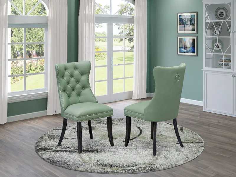 East West Furniture Dallas Parson Dining Chairs – Willow Green Faux Leather, Button-Tufted Comfort With Nailhead Accents, Sand-Blasted Black Frame, Set Of 2 1