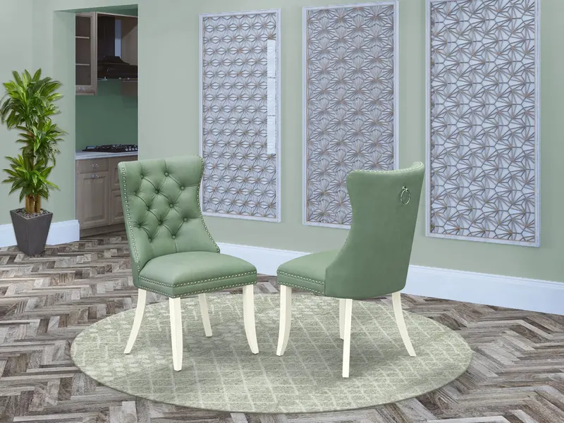 East West Furniture Dallas Parson Dining Chairs – Willow Green Faux Leather, Button-Tufted Seat And Back With Metallic Nailhead Trim, Wirebrushed Bright Linen White Legs, Set Of 2 1