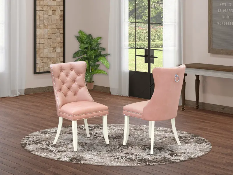 East West Furniture Dallas Parson Kitchen Chairs – Beige-Red Faux Leather, Tufted Backrest And Nailhead Detailing, Wirebrushed Bright Linen White Frame, Set Of 2 1