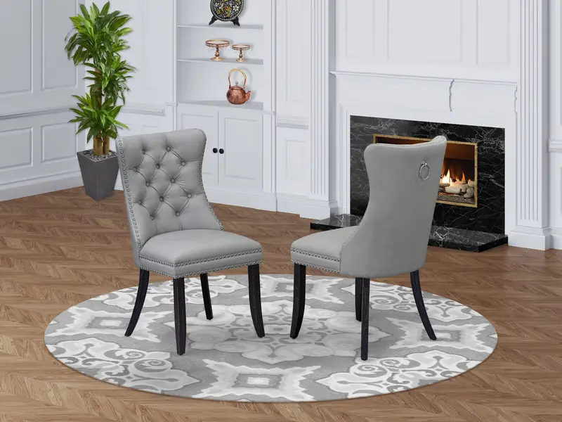 East West Furniture Dallas Parson Kitchen Chairs – Light Gray Faux Leather, Refined Button-Tufting And Nailhead Trim, Sand-Blasted Black Frame, Set Of 2 1