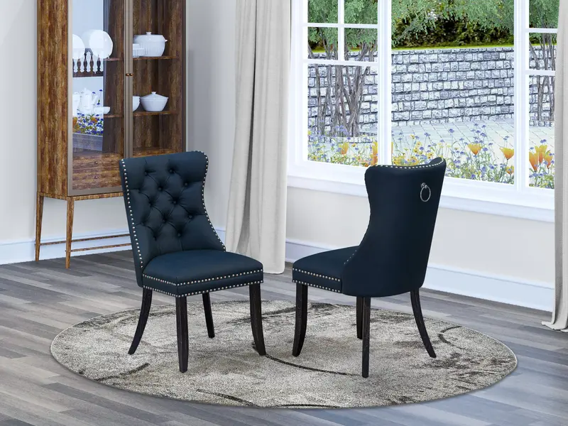 East West Furniture Dallas Parson Kitchen Chairs – Navy Blue Faux Leather, Tufted Back And Seat With Nailhead Accenting, Sand-Blasted Black Base, Set Of 2 1