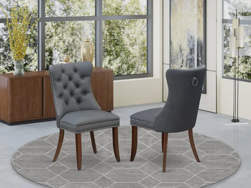 East West Furniture Dap3F13: Dallas Parson Dining Chairs – Set Of 2 Button-Tufted Platinum Gray Faux Leather Chairs With Nailhead Trim, Mahogany Finish 1