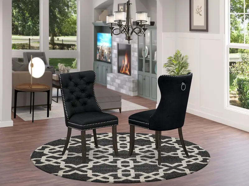 East West Furniture Dap7L24: Dallas Parson Dining Chairs – Set Of 2 Button-Tufted Black Linen Chairs With Nailhead Trim, Distressed Jacobean Finish 1