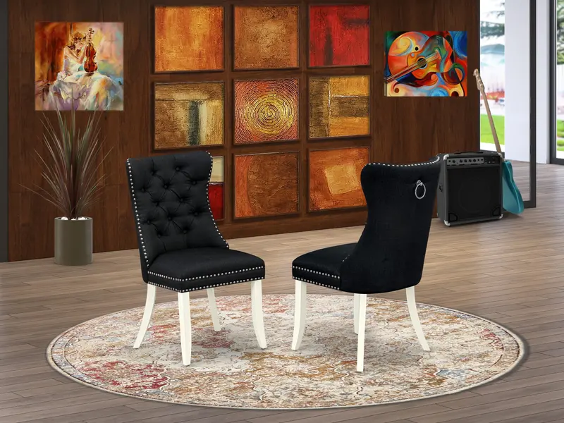 East West Furniture Daphl24 Dallas Parson Dining Chairs – Set Of 2 Black Linen Upholstered Chairs With Button Tufting And Nailhead Trim (Wirebrushed Bright Linen White Base) 1
