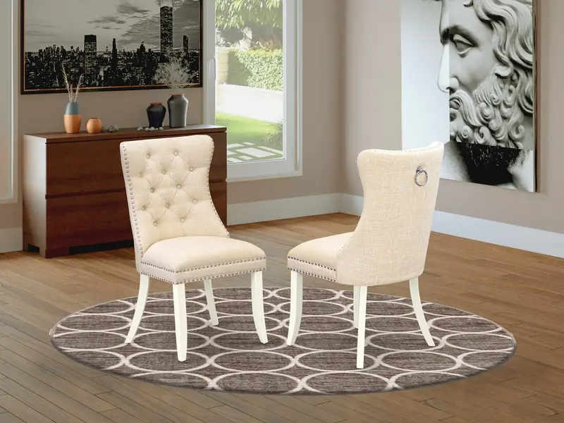 East West Furniture Daphl32 Dallas Parson Chairs – Set Of 2 Light Beige Linen Fabric Dining Chairs With Button Tufting And Nailhead Trim (Wirebrushed Bright Linen White Finish) 1