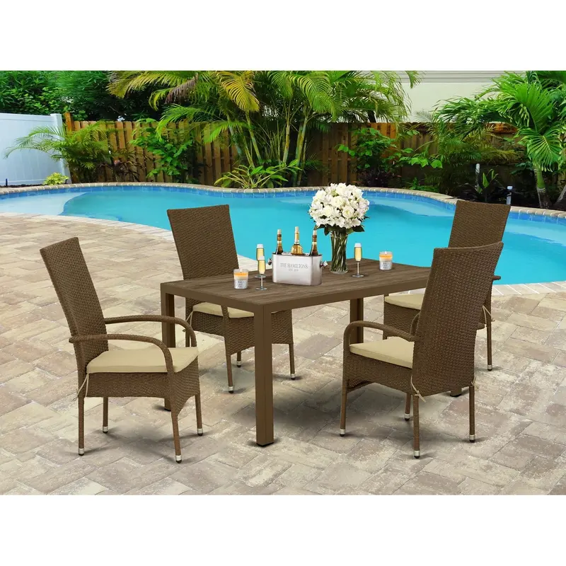 East West Furniture Juos5-02A 5-Piece Brown Outdoor Conversation Set: Glass-Top Wicker Dining Table + 4 Cushioned Backyard Armchairs (36" X 60") 1