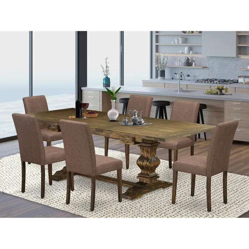 East West Furniture Laab7-77-47 Jacobean 7-Piece Kitchen Dining Set: Rectangular Butterfly Leaf Table + 6 Light Sable Linen Parsons Chairs (42" X 92") 1