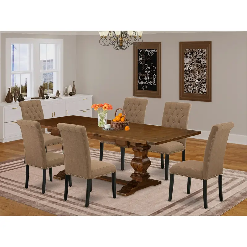 East West Furniture Labr7-81-17 | 7-Piece Light Sable Linen Dinette Set – Expandable Walnut Table & 6 Parsons Chairs (42" X 92") 1