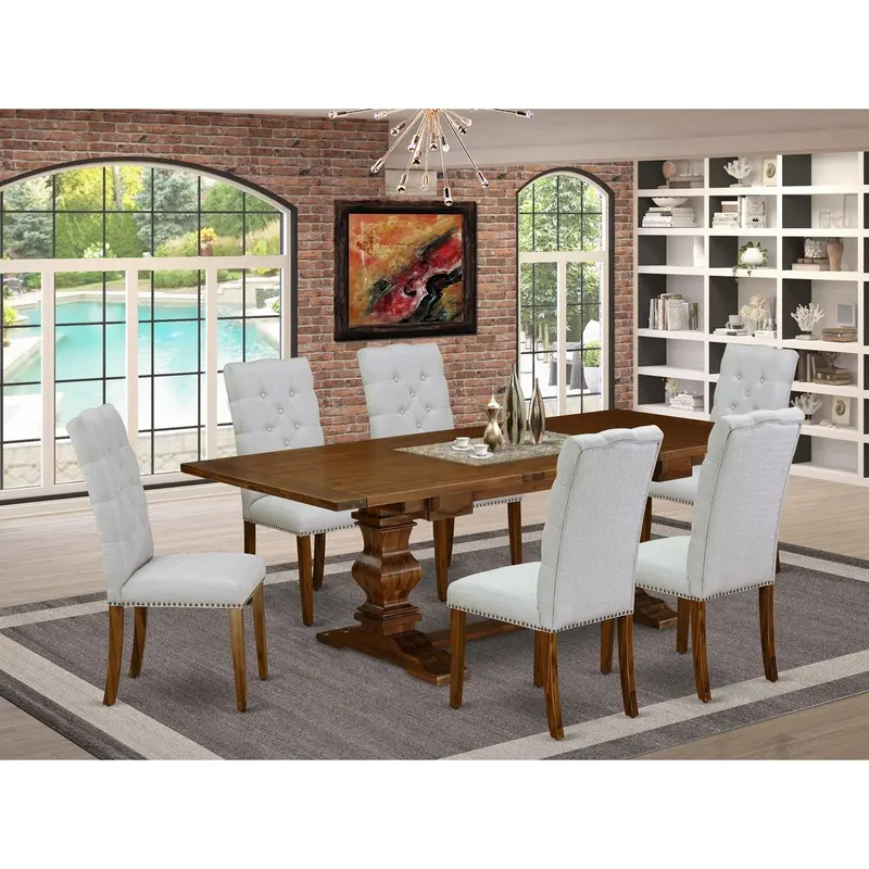 East West Furniture Lael7-88-05 | 7-Piece Grey Linen Dining Set – Expandable Walnut Table & 6 Parsons Chairs (42" X 92") 1