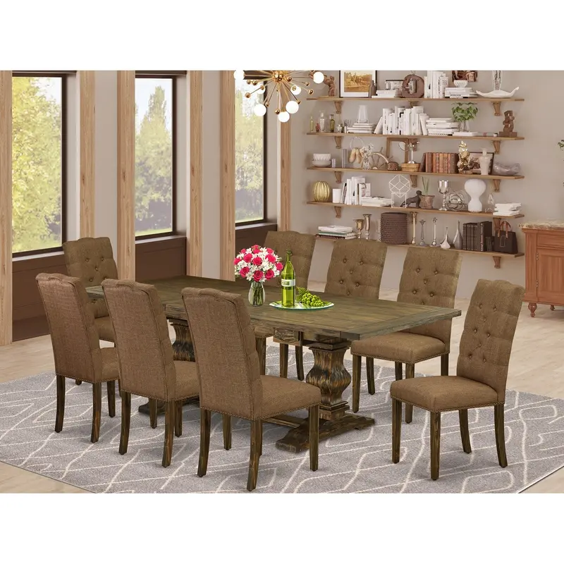 East West Furniture Lael9-77-18 | 9-Piece Brown Linen Kitchen Dining Set – Expandable Rectangle Table & 8 Upholstered Chairs (42" X 92") In Jacobean Finish 1