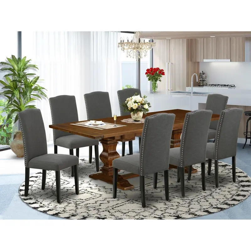 East West Furniture Laen9-81-20 | 9-Piece Dark Gotham Linen Dining Set – Expandable Walnut Table & 8 Upholstered Parsons Chairs (42" X 92") 1