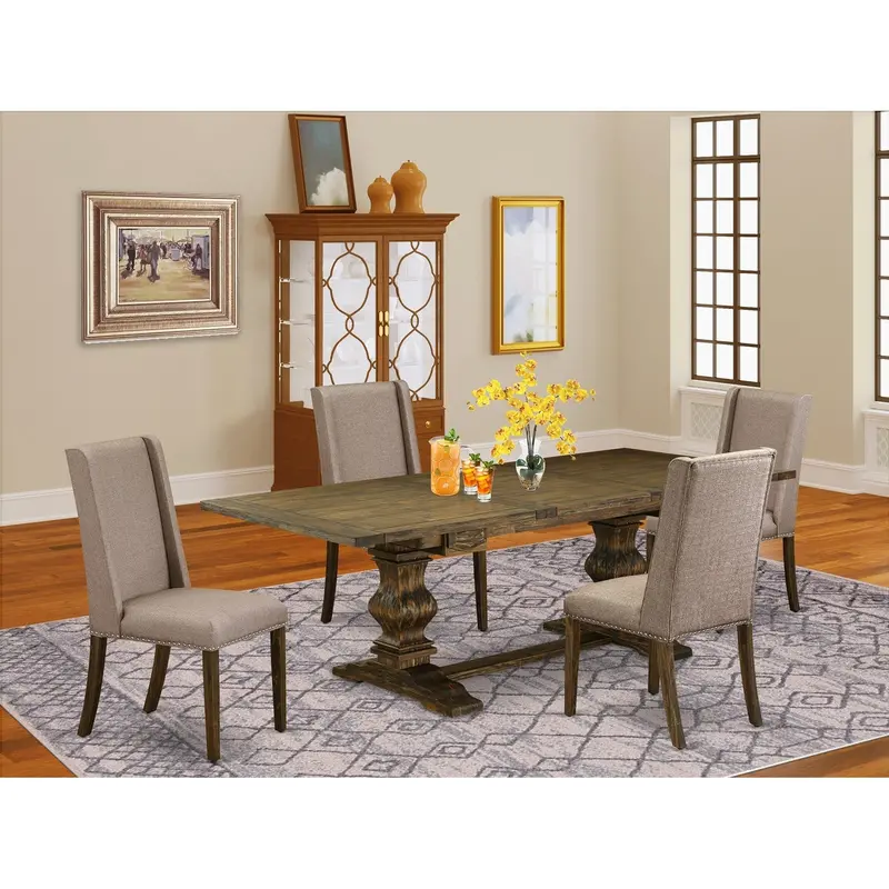 East West Furniture Lafl5-77-16 | 5-Piece Khaki Linen Kitchen Dining Set – Expandable Rectangle Table & 4 Parsons Chairs (42" X 92") In Jacobean Finish 1
