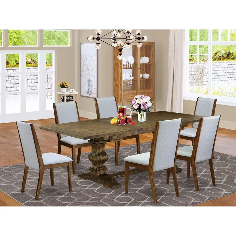 East West Furniture Lala7-78-05 7-Piece Dining Set – Jacobean Rectangular Butterfly Leaf Table + 6 Grey Linen Upholstered Chairs (42" X 92") 1