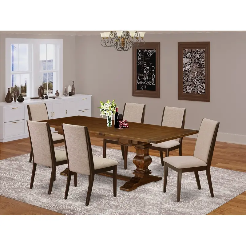 East West Furniture Lala7-83-04 7-Piece Dinette Set – Walnut Rectangular Butterfly Leaf Table + 6 Light Tan Linen Parson Chairs (42" X 92") 1